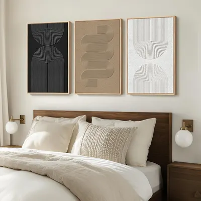 Shows the wall art set styled in a real bedroom environment to help shoppers visualize how the product looks in their own home.