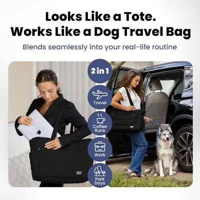 Demonstrates the product's versatility by showing it works for multiple scenarios: travel, coffee runs, work, and park days, emphasizing its 2-in-1 functionality as both a tote and dog travel bag.