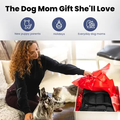 Positions the product as an ideal gift for dog moms across different occasions: new puppy parents, holidays, and everyday dog owners, with gift wrapping shown to reinforce the gifting message.