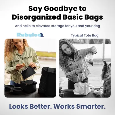 Compares the brand's organized, feature-rich dog tote bag against a typical disorganized basic tote bag, demonstrating why this product is superior in both appearance and functionality.