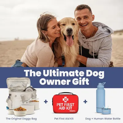 Positions the product bundle as an ideal gift for dog owners, encouraging gifting occasions and seasonal purchases. Shows the complete gift bundle package to communicate the comprehensive value of…