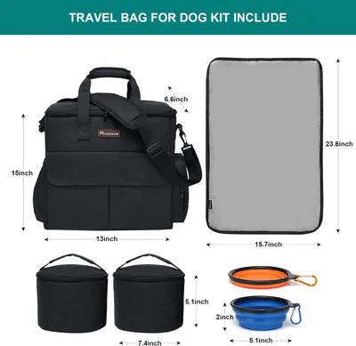 Shows all items included in the dog travel kit with exact dimensions to help shoppers understand the complete package contents and sizing. Provides precise physical dimensions for each component in…