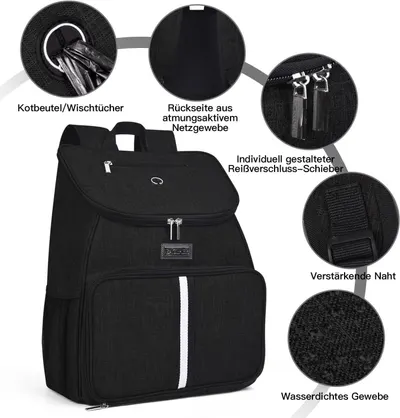 Highlights specific physical components and material features of the backpack to reassure shoppers about build quality and durability. Showcases multiple distinct benefits in a segmented layout to…