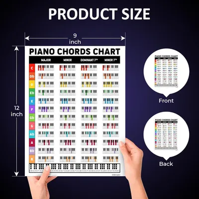 Shows the exact physical size of the piano chords chart with dimension arrows to help shoppers understand how large the product is and whether it fits their space needs.