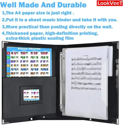 Demonstrates multiple practical benefits including the right-sized format, portability in a music binder, convenient storage solution, and durable construction with thickened paper and plastic…