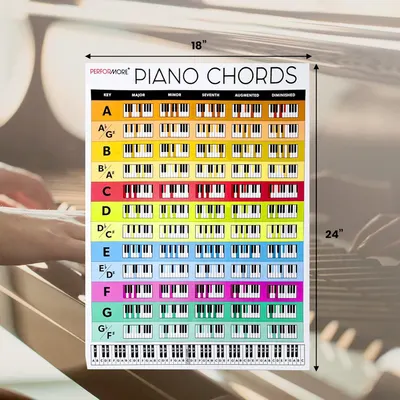 Shows the exact physical size of the piano chords chart poster to help shoppers understand how large it will be when displayed.