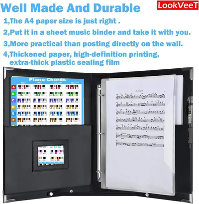 Highlights multiple benefits: the A4 size is convenient, it fits in a music binder for portability, it's more practical than wall mounting, and it features thickened paper with high-definition…
