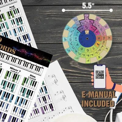 Shows everything included in the purchase: the circle of fifths wheel, chord charts, sheet music, and access to an e-manual via QR code, helping shoppers understand the full value of the bundle.