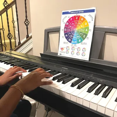 Displays the Circle of Fifths chart being used during actual piano practice, allowing shoppers to see the product in a realistic home music learning environment.