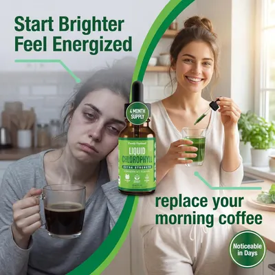 Shows the transformation from tired and sluggish to bright and energized after using the product, positioning it as a coffee replacement for sustained energy.