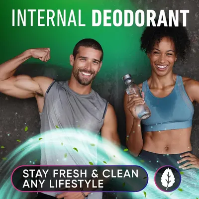 Highlights the product's ability to work as an internal deodorant, helping users stay fresh and clean from within regardless of lifestyle.