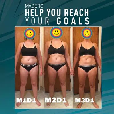 Demonstrates visible body transformation progress over time to provide social proof of the product's effectiveness for weight management goals. Uses authentic customer progress photos to build trust…