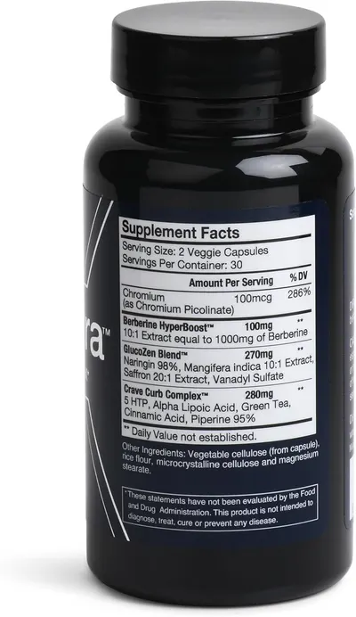 Displays the supplement facts label to inform shoppers of the ingredients, dosages, and serving information included in the product.