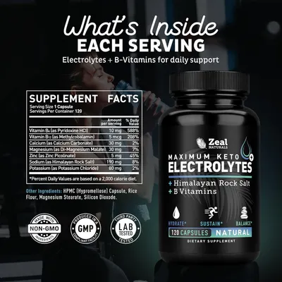 Shows the detailed supplement facts panel and what ingredients are included in each serving, along with quality certifications to reassure shoppers about product contents and safety.