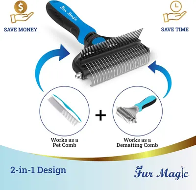 Demonstrates the multiple use cases of the product, showing it can function both as a pet comb and a dematting comb, emphasizing versatility and value. Communicates the overarching benefit of the…