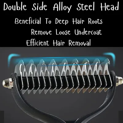 Highlights the dual-sided alloy steel head design and its effectiveness in removing loose undercoat hair and reaching deep hair roots for efficient grooming.