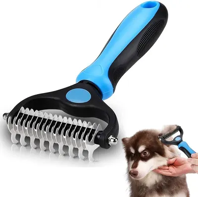 Presents a clean, simple visual showing the product in use with a puppy to communicate ease of use and gentle grooming as the primary benefit.