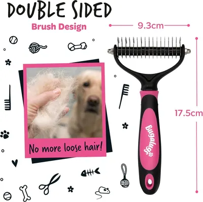Shows the exact physical dimensions of the product with measurement arrows to help shoppers understand how big the grooming rake is.