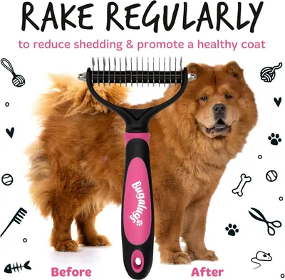 Displays a visual transformation showing the dog's coat before and after using the product, proving the effectiveness of the rake in reducing shedding and promoting a healthier coat.