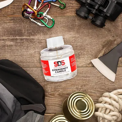 Shows the product as part of outdoor survival and emergency preparedness gear, demonstrating its versatility for camping, hiking, and disaster scenarios.