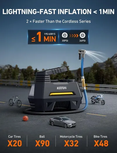 Communicates the product's fast inflation speed (under 1 minute) and versatility across multiple applications (car tires, balls, motorcycle tires, bike tires)…