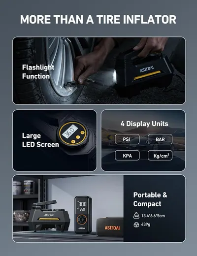 Showcases multiple distinct features of the tire inflator in a segmented layout, highlighting its versatility beyond just inflation (flashlight, display…
