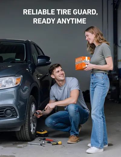 Positions the product as a reliable tire guard that's always ready when needed, with lifestyle imagery suggesting it's also gift-worthy. Shows the product in…