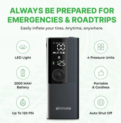 Highlights multiple key features and benefits of the tire inflator in a segmented layout to communicate versatility, portability, and convenience for…