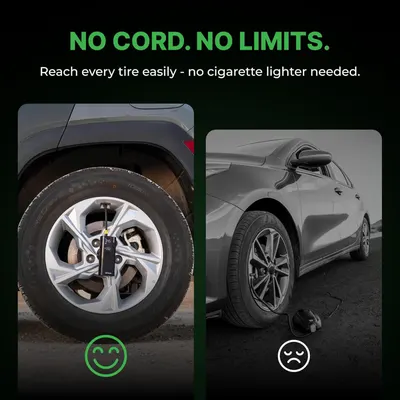 Demonstrates the product's cordless advantage over traditional corded tire inflators, emphasizing convenience and ease of use.