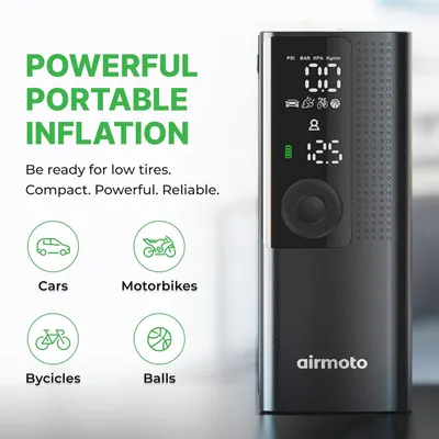 Shows the multiple use cases and versatility of the tire inflator across different vehicle types and sports equipment. Reinforces the product's versatility…