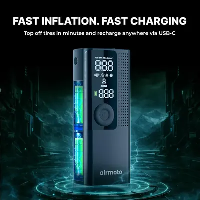 Highlights the product's speed and convenience in both inflating tires and recharging the device.