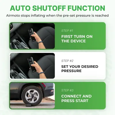 Explains how to use the auto shutoff feature through a simple 3-step instructional layout, demonstrating ease of use and safety.