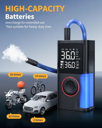 Demonstrates the product's battery capacity by showing how many times it can inflate different items (60 times for basketballs, 25 times for bikes, etc.), reassuring shoppers of extended use per…