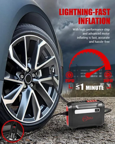 Highlights the product's fast inflation performance, reassuring shoppers that it can inflate tires quickly and efficiently. Communicates the core benefit of…