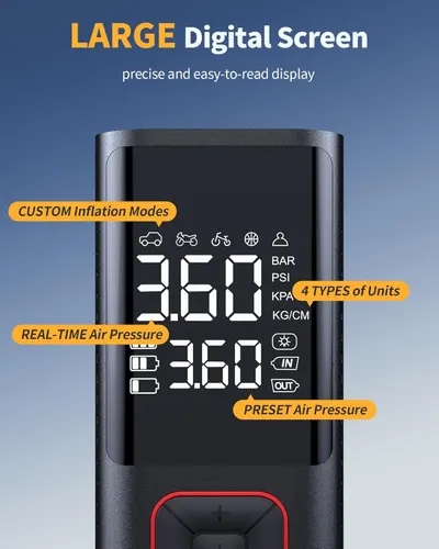 Breaks down the digital display's key functional zones and features with labeled callouts to help shoppers understand the interface and capabilities of the tire inflator.
