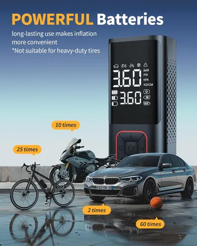 Demonstrates the product's versatility by showing how many times it can inflate different types of vehicles (bicycle, motorcycle, car, basketball), reassuring shoppers of its long-lasting battery…