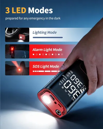 Highlights the product's built-in LED lighting feature with three modes (Lighting, Alarm Light, SOS) to reassure shoppers it's prepared for emergencies in the dark.