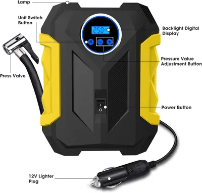 Breaks down the physical components and controls of the tire inflator to help shoppers understand what each part does and how to operate the device.