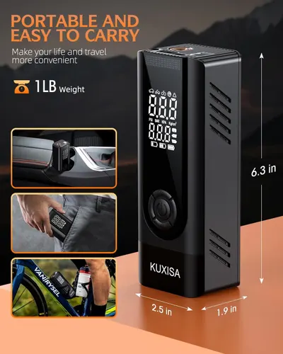 Shows the exact physical dimensions and 1LB weight of the tire inflator with visual scale references, reassuring shoppers of its portability and ease of storage. Communicates the portability benefit…