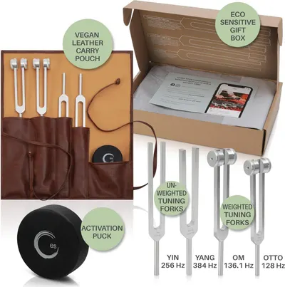 Displays all components included in the package, emphasizing the complete kit with accessories like the vegan leather pouch, eco-friendly packaging, and multiple tuning fork options.