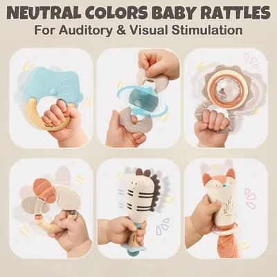 Showcases the brand's diverse product line of baby rattles in neutral colors designed for sensory development.