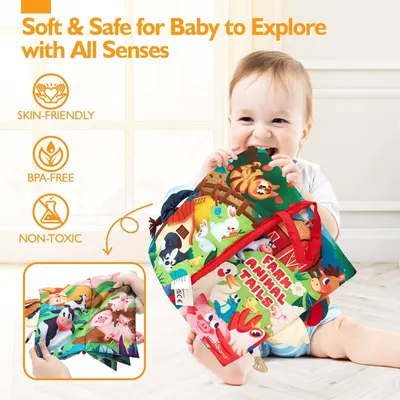 Reassures parents that the cloth books are safe for babies to explore with all senses, emphasizing material safety certifications. Communicates multiple safety benefits in a segmented layout to…