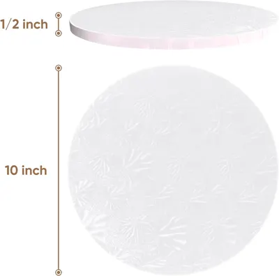 Shows the exact physical dimensions of the cake board (10 inch diameter, 1/2 inch thickness) to help shoppers understand the product size.