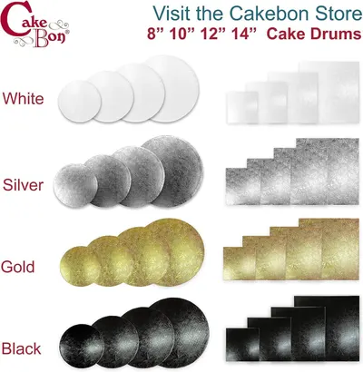 Displays the brand's full product lineup showing multiple size options (8, 10, 12, 14 inch) and color variants (White, Silver, Gold, Black) available in both round and square shapes.