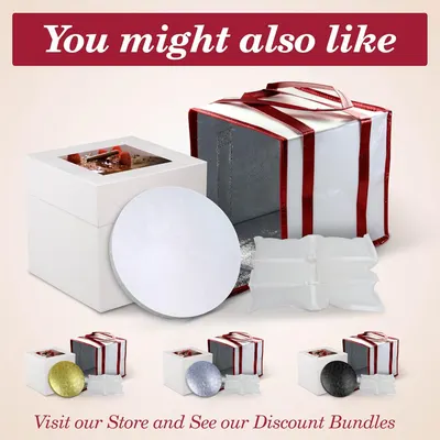 Showcases the brand's product line by displaying multiple color options (gold, silver, black) and related cake accessories, encouraging shoppers to explore the full range and discount bundles.