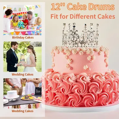 Demonstrates the versatility of the 12-inch cake drums by showing they fit different cake types and celebration occasions.