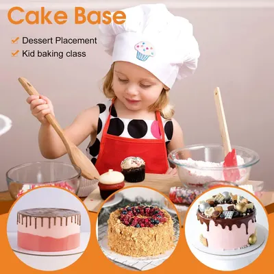 Demonstrates multiple use cases for the cake base including dessert placement and kid baking activities, showing versatility across different baking scenarios.