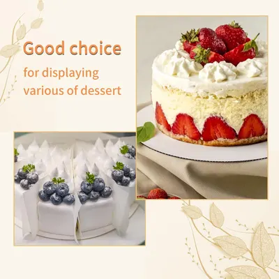 Shows the versatility of the cake boards by displaying them with different types of desserts and cakes.