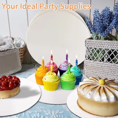 Positions the cake boards as ideal party supplies by showing them displaying various colorful desserts and treats.