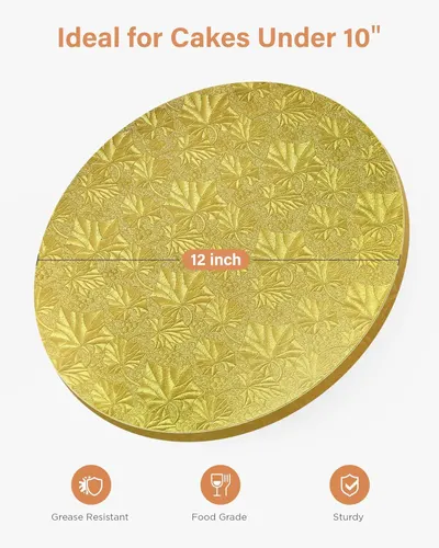 Shows the physical dimensions of the cake drum and communicates its suitability for cakes under 10 inches in diameter. Highlights three distinct product benefits through icon-based callouts at the…
